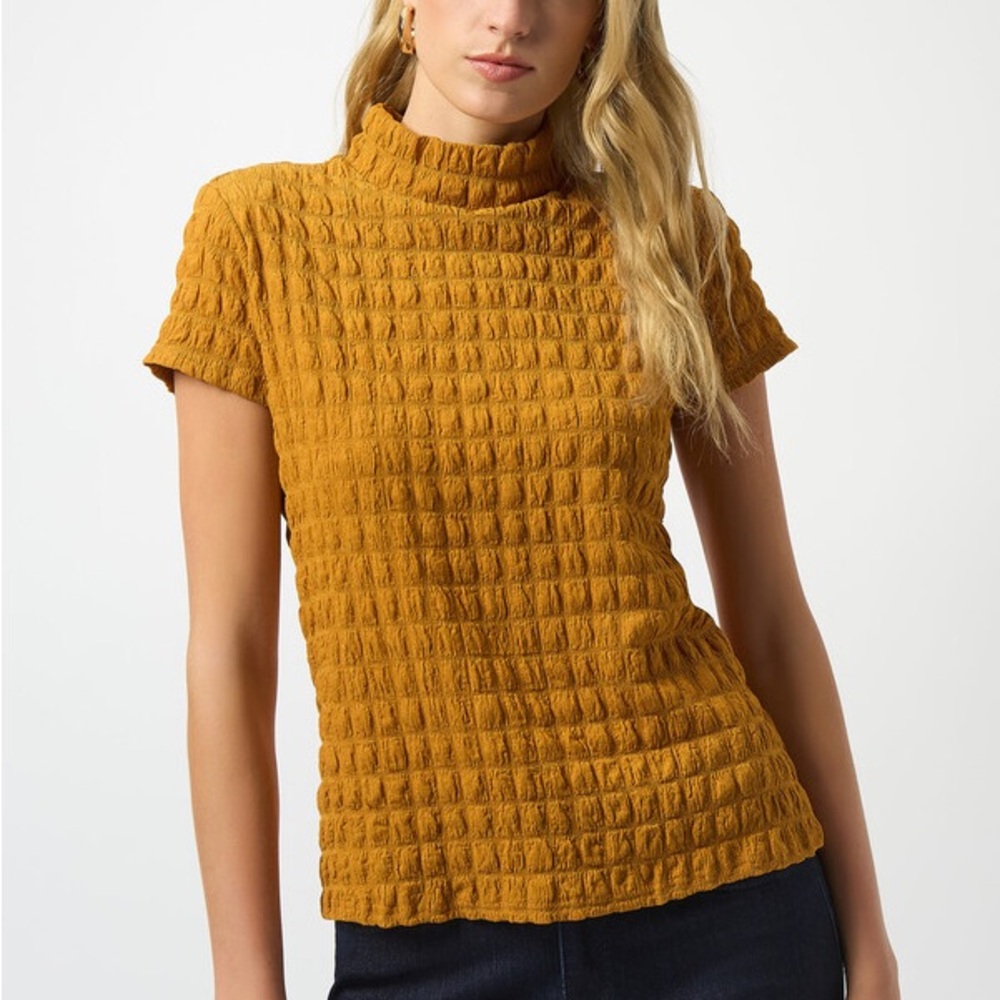 JOSEPH RIBKOFF Textured High Neck Pullover Top Short Sleeve Gold Mustard Size 10